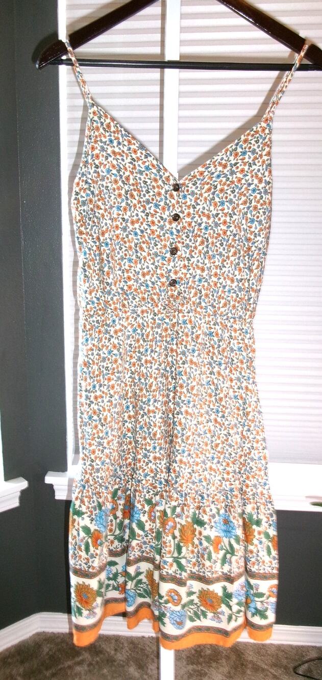 Boho Floral Border Print Midi Dress Button Front Sleeveless Women's M